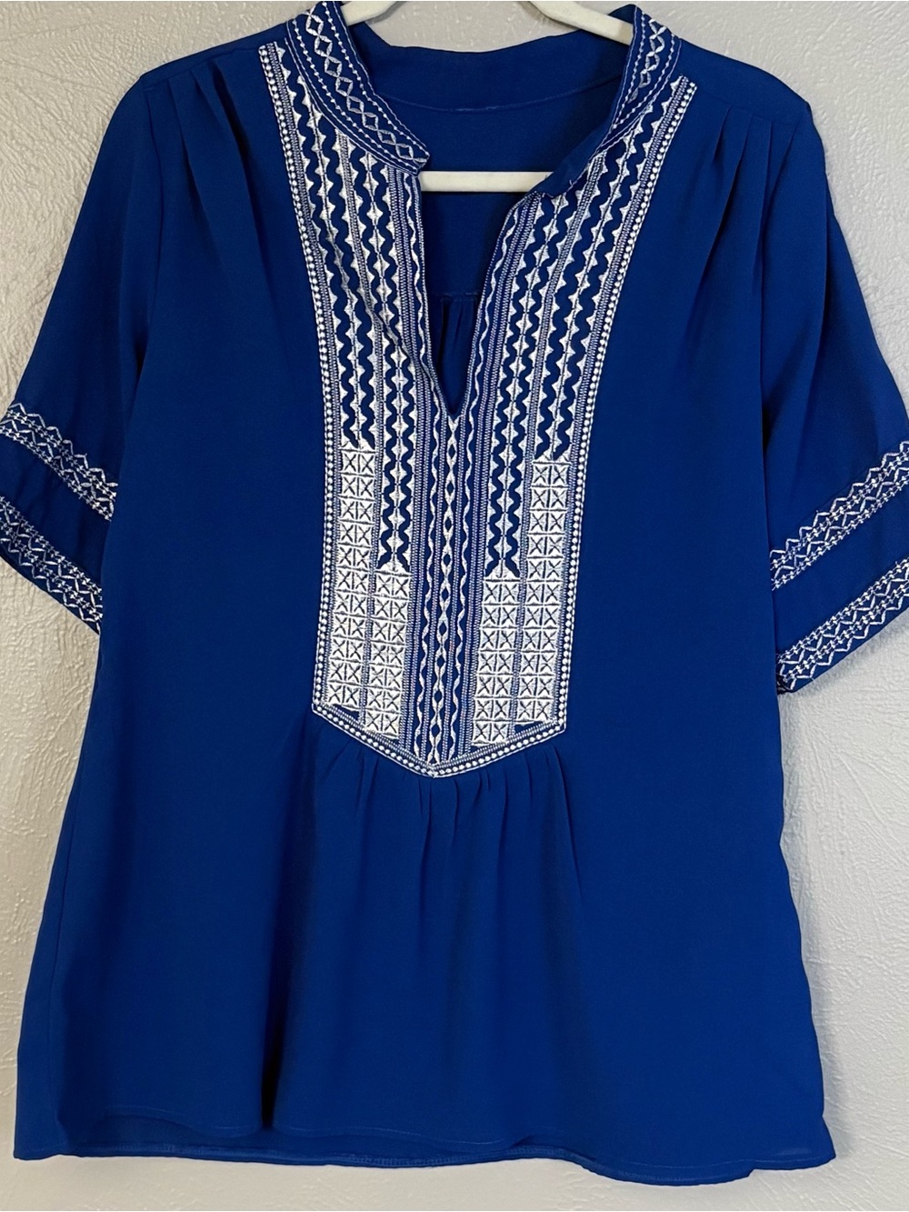Women's Royal Blue Embroidered V-Neck Blouse